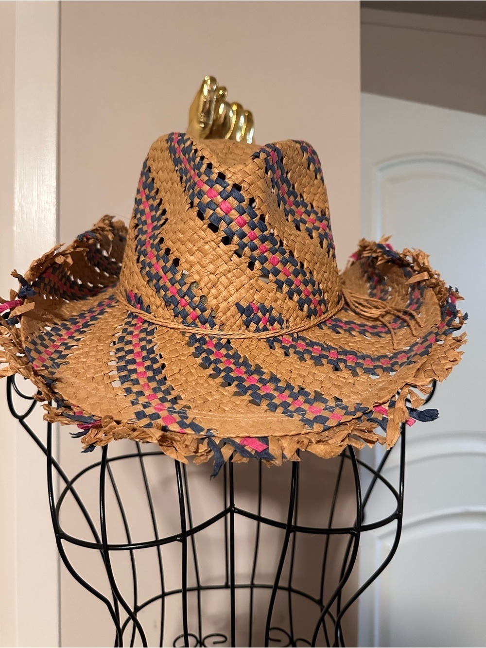 BCBGMaxAzria Braided Straw Hat with Navy & Fuchsia Accents - Picture 1 of 3